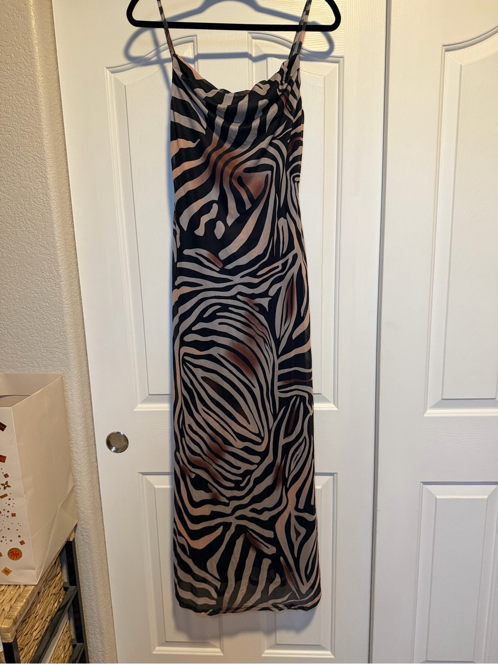 SHEIN Black and Taupe Zebra-Print Maxi Slip Dress